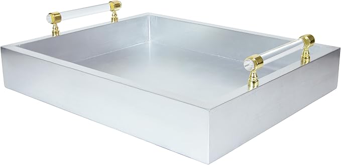 Rectangle Serving Tray with Handles - for Coffee Table, Breakfast, Dinner Kitchen Living Room Bedroom, Home Decor for All Occasions, Silver, Size M
