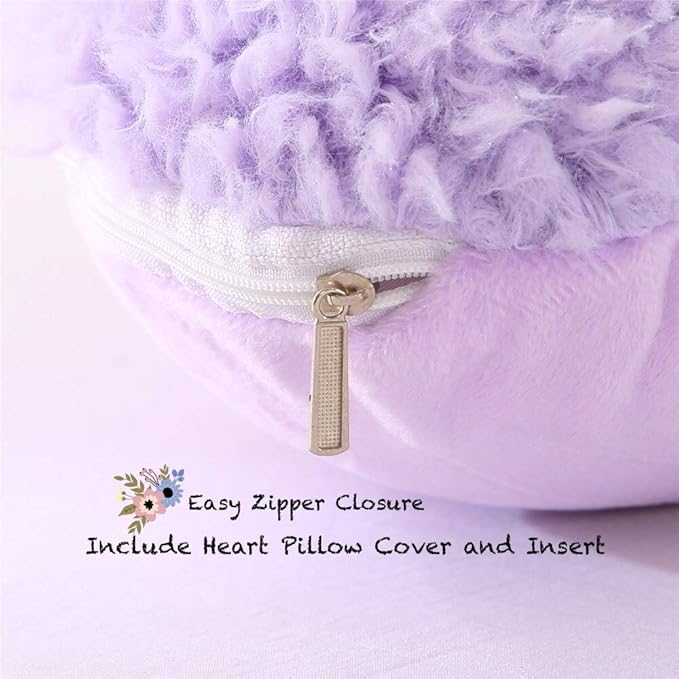 Purple Heart Pillow, Fluffy Heart Throw Pillow with Pillow Cover and Insert, Soft Faux Fur, Decorative Design for Mothers Day,Valentine's Day (Purple Heart Shape-15.7X15.7Inches)