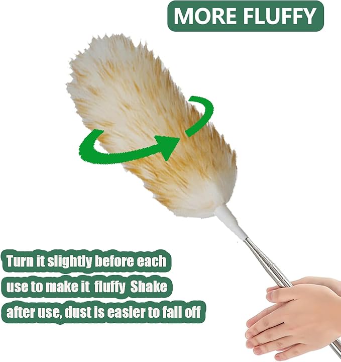 Lambswool Feather Duster with Extension Pole up to 85inch,Extendable Feather Duster Used for Cleaning High Ceiling Fan, High Ceilings,Furniture,Hard to Reach Areas