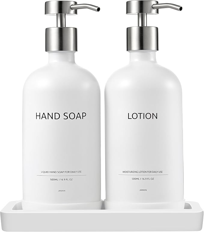 Glass Kitchen Soap Dispenser Set with Ceramic Tray,16.9 floz Hand and Dish Soap Dispenser for Kitchen and Bathroom Decor (White + Silver(Lotion))