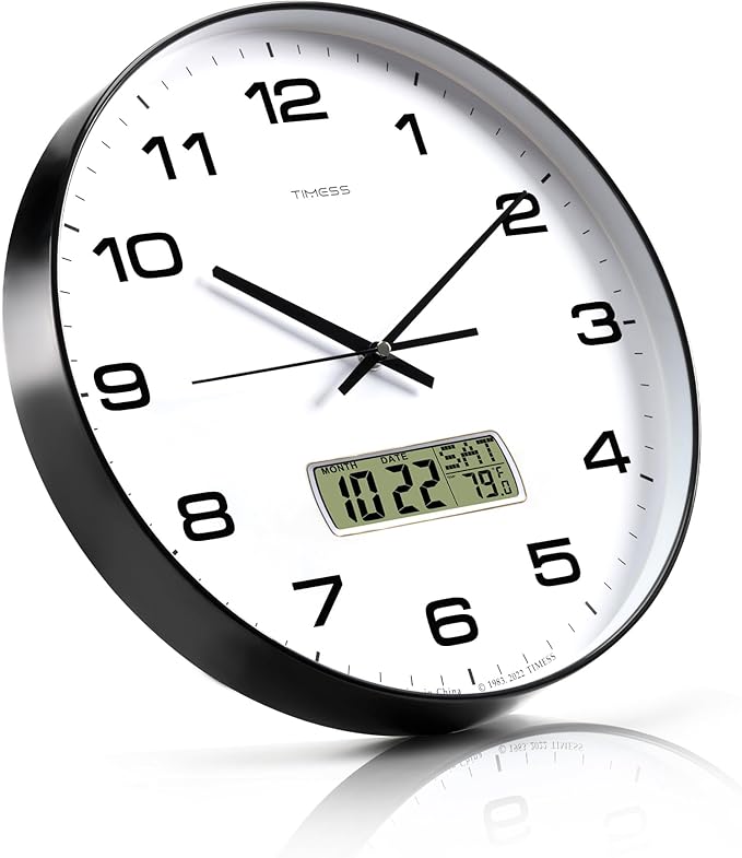 Wall Clock, 14" Large Dial Non-Ticking Silent Battery Operated Analog with LCD Display for Perpetual Calendar and F° Temperature, Ideal Modern Home, Bedroom, Office Decor (Black)