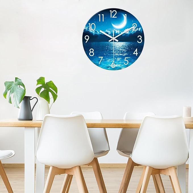 XFM Blue Moon Clock Kitchen Decorative Wall Clock Battery Operated 14 Inch Silent Wall Clock Non Ticking Glass Analog Clock