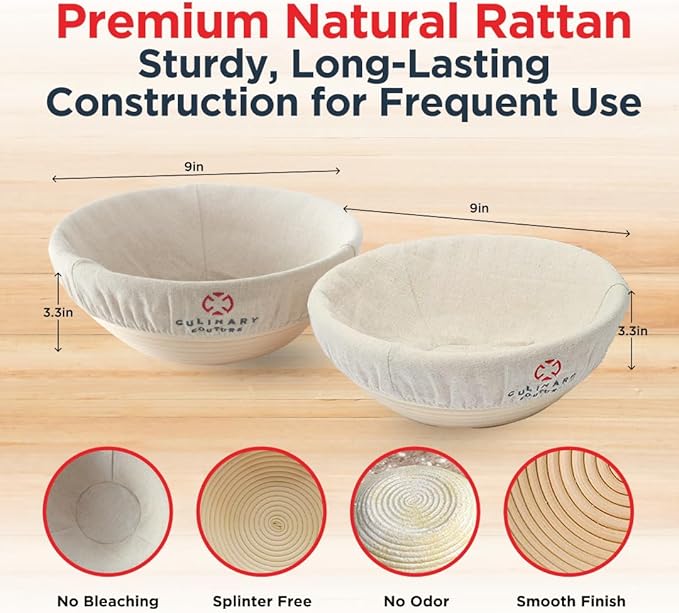 Bread Proofing Basket Set of 2 - Round 9" Sourdough Bread Baking Supplies w/Linen Liner, Scrapers, Scoring Lame, Whisk, Blades Banneton Proofing Baskets - Sourdough Starter Kit for Beginners