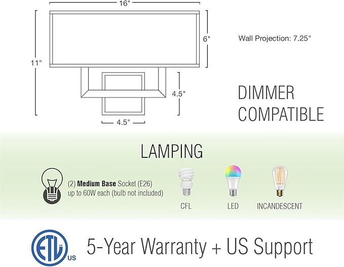Kira Home Haven 16" 2-Light Modern Wall Sconce/Wall Light + Rectangular White Fabric Shade, Brushed Nickel Finish