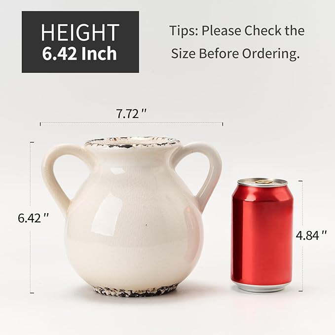 LUKA Antique Ceramic Vase with 2 Handle,6.4 inches Ice Cracked Rustic Vase Minimalist Decor, Decorative Vases for Home Decor, Table, Living Room, Shelf, Christmas Decoration(Small,Ice Cracked White)