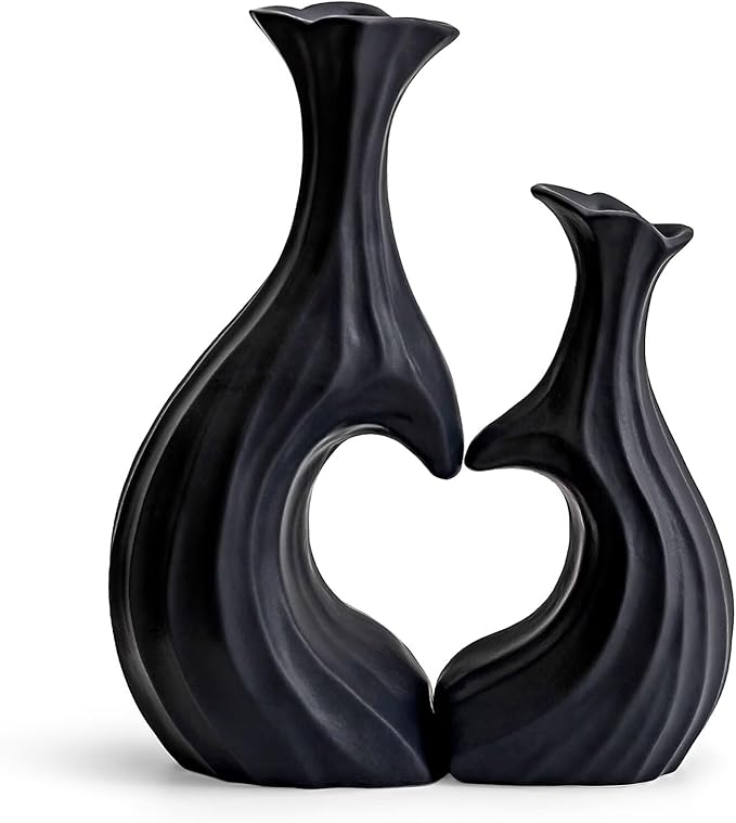 Ceramic Vases for Home Decor, Modern Heart Shaped Vase Set of 2, Matte Farmhouse Dried Fake Flowers Vase for Office, Living, Dining Room, Kitchen
