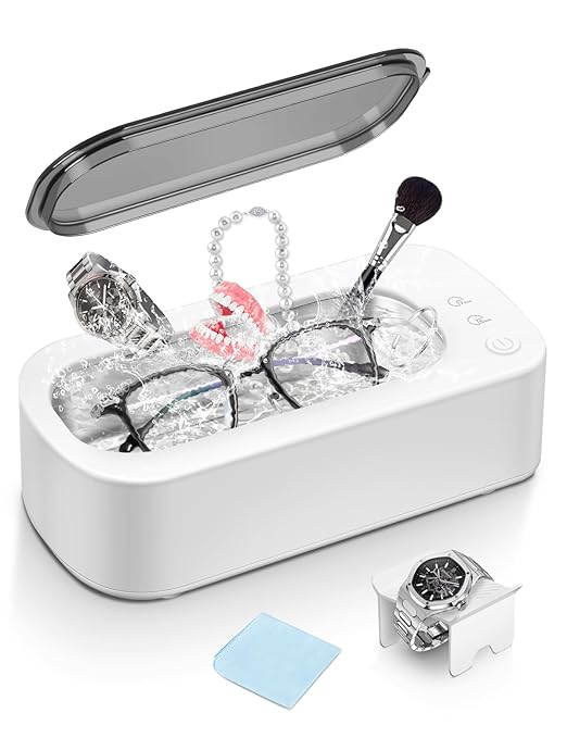 Jewelry Cleaner Machine Ultrasonic 48KHz Ultra Sonic Cleaner for Glasses, Rings, Earrings, Watch Strap, Dentures, Makeup Brush, 304 Stainless Steel 12oz Cleaning Pod with 2 Timer Modes (White1)