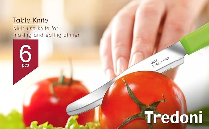 6 kitchen Knives - 4.3"/11cm Italian Stainless Steel Serrated Vegetable/Steak/Table Knife Cutlery, Rounded Tip (Blue)