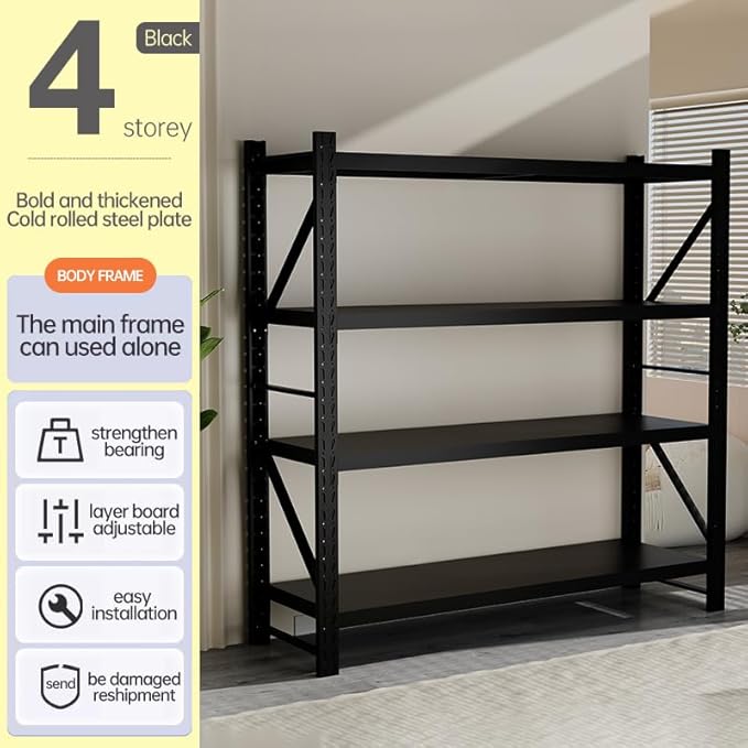 Storage Shelves Heavy Duty, Metal Garage Shelving Units, 4 Tier Storage Rack Shelf, Steel Industrial Shelving, Adjustable Standing Shelf for Basement/Warehouse (Black, W41.34*D19.69*H78.74)