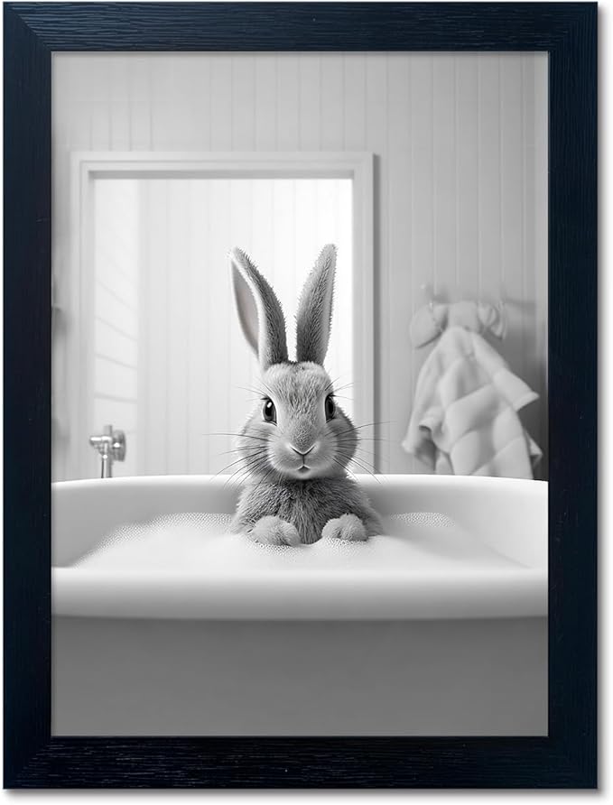 Kids Bathroom Decor, Black and White Cute Animal Canvas Wall Art, Funny Rabbit in Bathtub, Framed Farmhouse Picture Wall Decor Print Artworks for Bathroom