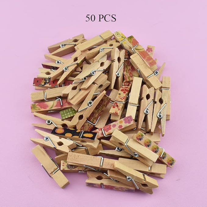 HAHIYO Colorful Painted Wooden Clothes Pins Clothespins Small Aviod Fall Apart 1.38 Inches Length 50 Pack Strong Springs No Rust No Discoloration for Laundry Bathroom DIY Craft Photos Food Opened Bags