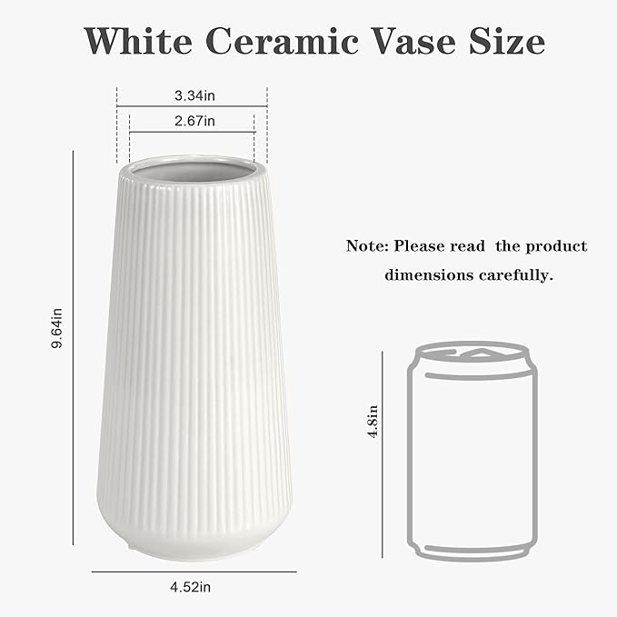 White Ceramic Vase for Flowers, Tall Home Decor Vase with Ribbed Texture, Vases for Centerpieces, Farmhouse Decor, Living Room, Decor Bedroom, Table, and Kitchen Shelf (XL White)