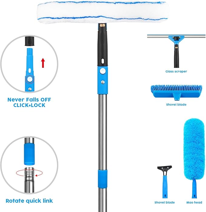 Window Squeegee,5 in 1 Bendable Head Window Squeegee for Home,61''Extension Poles,Bendable Head car Window Cleaner Tool,Squeegee for Shower Glass(Blue)