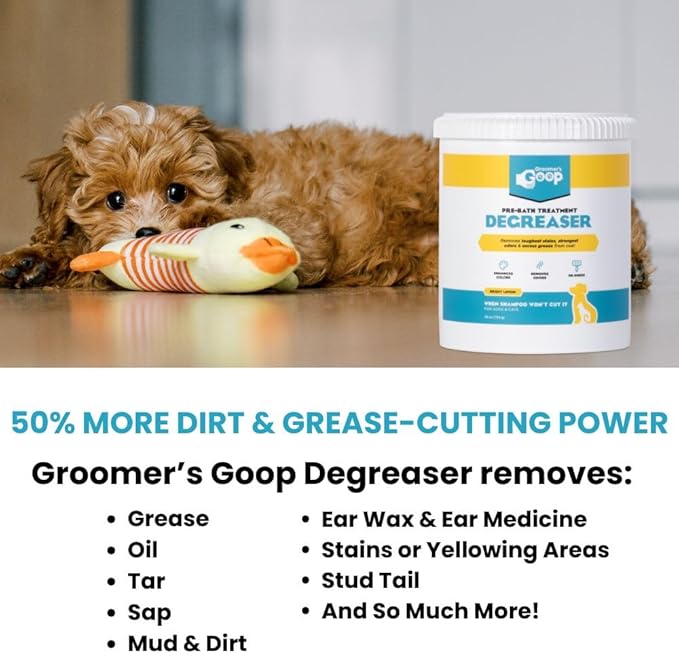 Groomer’s Goop Pre-Bath Pet Degreaser Treatment - Professional Strength Formula Removes Tough Oil & Grime from Dog & Cat Coats, Conditions Skin, Dye-Free - 28 oz Can