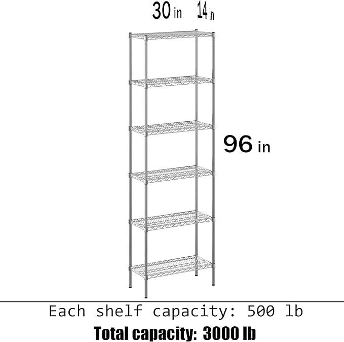 14" Deep x 30" Wide x 96" Height Wire Shelving Kit | 6-Tier | NSF Commercial Storage Rack Unit