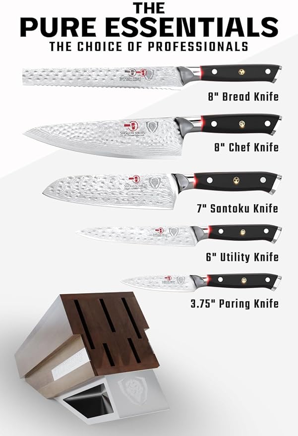 Dalstrong Knife Block Set-5pc-Shogun Series ELITE-High-Carbon Japanese Steel-Black G10 Handles-Acacia Wood- Damascus-Kitchen Knife Set with Block-Professional Cutlery Set-Men's Valentines Gift