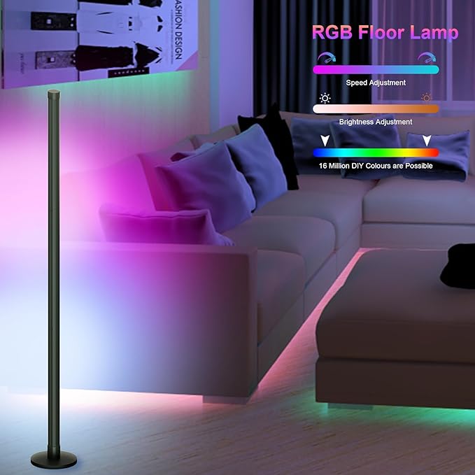 Led Floor Lamp,RGB LED Corner Lamp with App and Remote Control, Smart Modern Floor Lamp with 16 Million DIY Colors, DIY Modes and Music Sync, Standing Lamp for Living Room, Bedroom