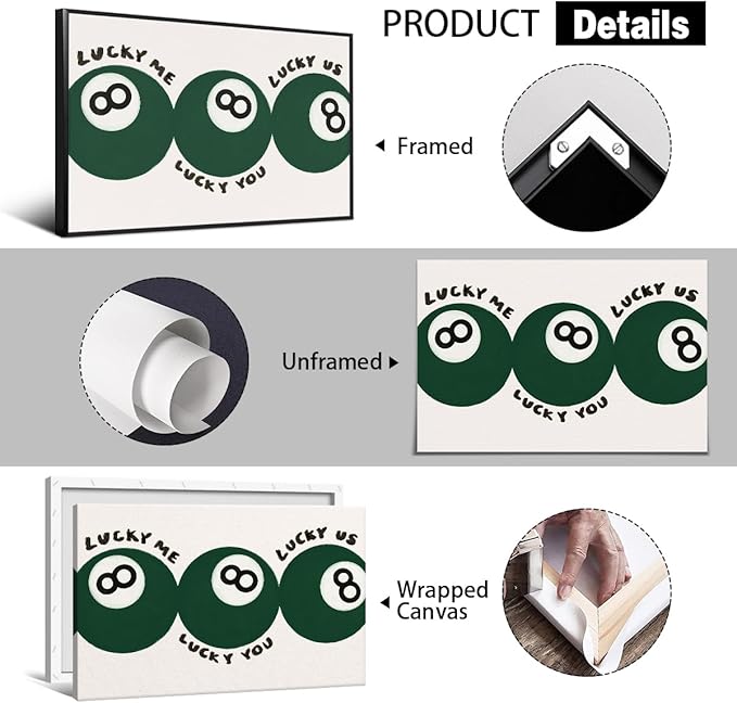 Green 8 Ball Poster, Lucky Me Lucky You Lucky Us Quote Canvas Wall Art, Playful Billiards Balls Picture Print, Retro 8ball Pool Painting for Bar Cart Game Room Man Caves Wall 12x16in Unframed