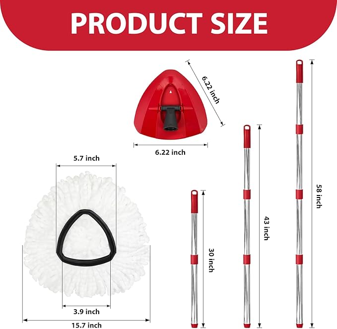 Spin Mop Replacement Set for O-Ceda EasyWring 1-Tank System, Includes 2 Mop Head Replacement, 1 Mop Handle (30-58in Adjustable 4-Section Pole), 1 Spin Mop Base