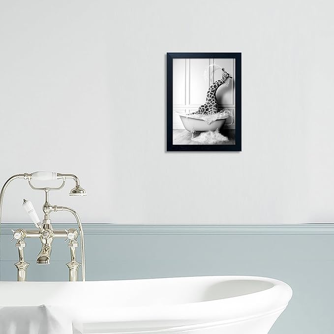 Framed Animal Bathroom Wall Art Black and White Canvas Wall Art Funny Giraffe in Bathtub Print Farmhouse Painting Kids Bathroom Decor
