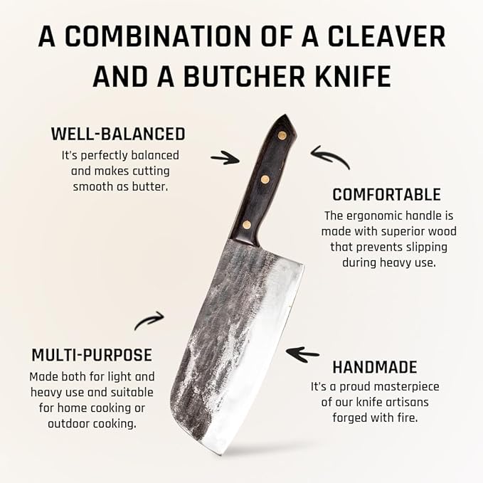 COOLINA Kapeni Butcher Knife, Handmade Forged Multipurpose Meat Cleaver Knife for Kitchen, Home and Outdoor Cooking, Rugged Blade