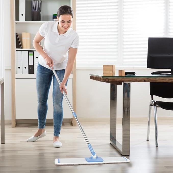 CQT Commercial Flat Microfiber Floor Mop Cleaning System 24" Inch Wet Dry and Dust Hardwood with 4 Washable Pads Cleaner for Laminate Tile Stainless Steel Handle and Extension (Blue)