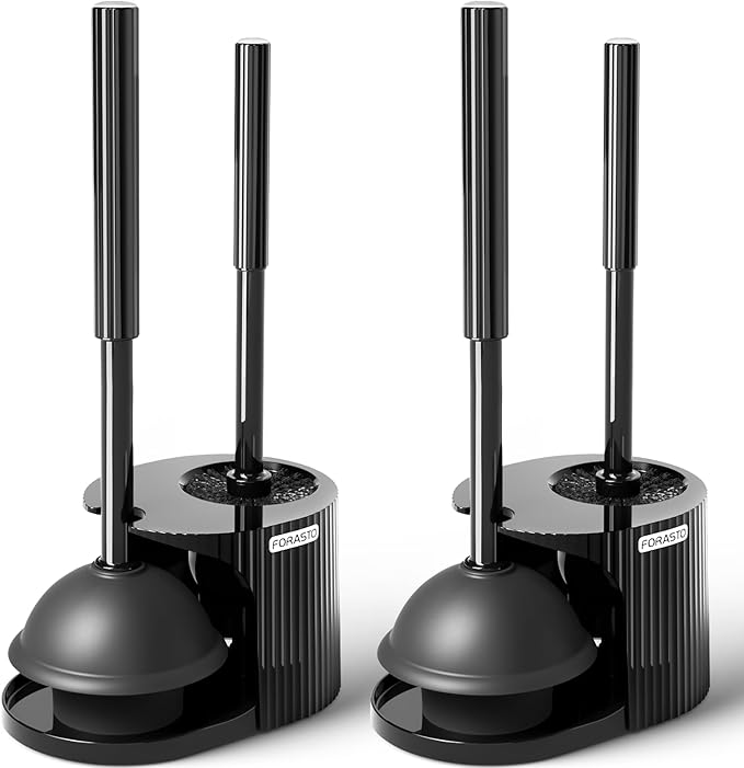 2Pack 2 in 1 Toilet Brush and Plunger Set, Extended Handle Plunger,Toilet Bowl Brush Plunger Set,Bathroom Cleaning Tools,Toilet Brush Plunger Combo,Cleaning Supplies,Bright Black(19.9inch)