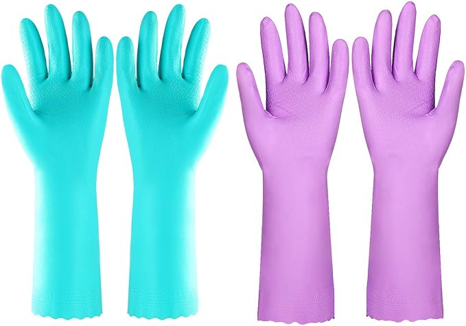 Elgood Reusable Dishwashing Cleaning Gloves with Latex free, Cotton lining,Kitchen Gloves 2 Pairs,Purple+blue Medium