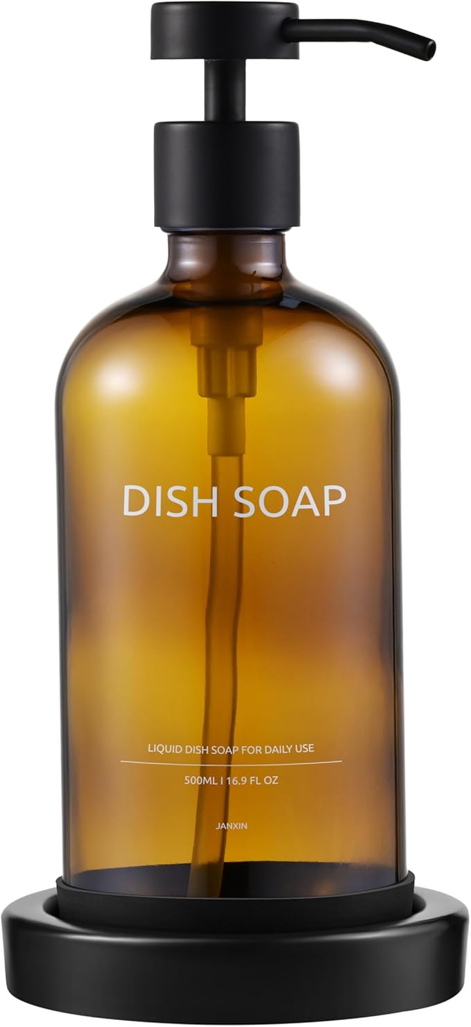 Glass Soap Dispenser Set by Janxin,Bathroom Soap Dispenser Set with Ceramic Tray,Luxury Bathroom Accessories,Modern Kitchen Decor (Amber(Dish Soap))