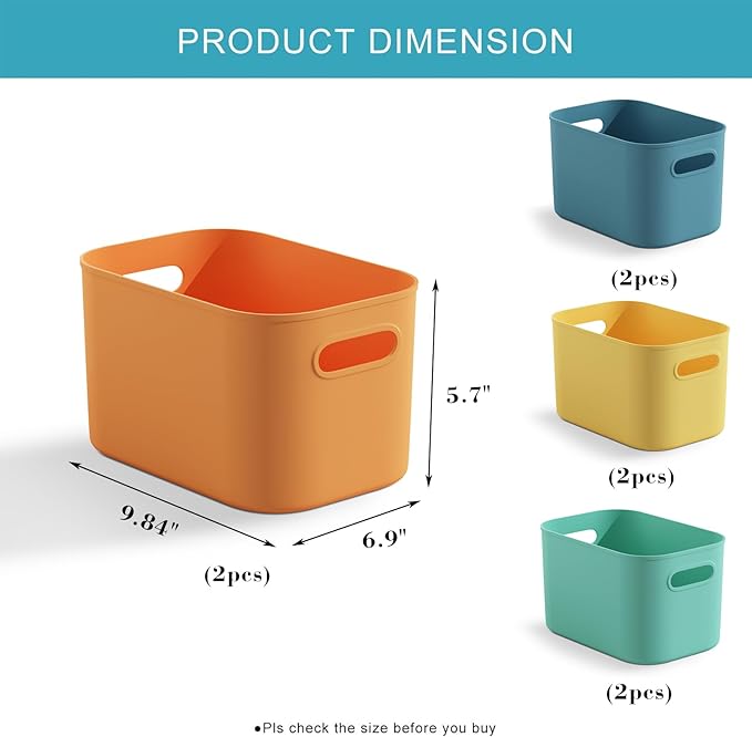 8 Pack Colorful Storage Bins for Shelves, Plastic Storage Containers for Organizing, Stackable Storage Boxes with Handle, Colored Storage Bins for Classroom, Craft, Snacks, Cabinet, 9.7x6.7x5.7 inch