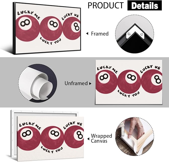 Wodkodnxy Red 8 Ball Poster, Lucky Me Lucky You Lucky Us Quote Canvas Wall Art, Playful Billiards Balls Picture Print, Retro 8ball Pool Painting for Bar Cart Game Room Man Caves Wall 16x24in Unframed