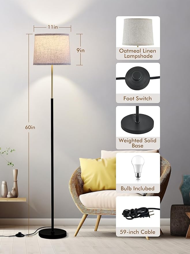 60" Modern Floor Lamp for Living Room Bedroom, Standing Lamp with Oatmeal Linen Lampshade, Tall Lamp with A19 9W 3 Color Temperature Bulb, Foot Switch Control, Black & Gold