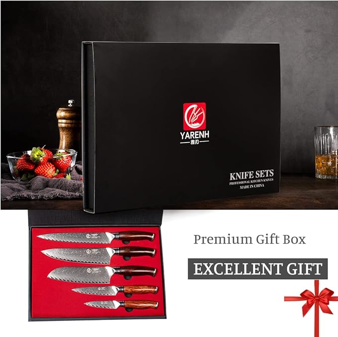 YARENH Professional Chef Knife Set 5 Piece, Damascus High Carbon Stainless Steel, Full Tang, Natural Sandalwood Handle, Ultra Sharp Kitchen Knife
