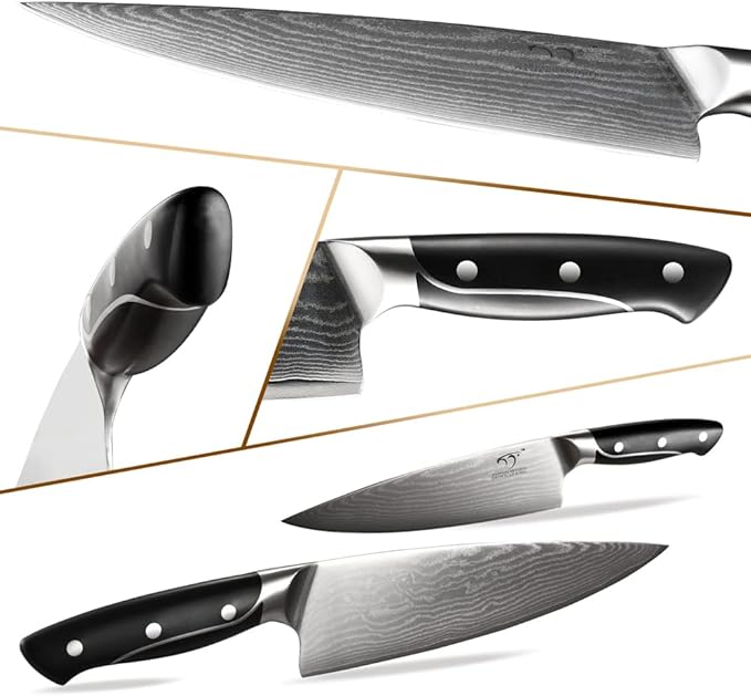 Damascus Kitchen Knife Sets, 9 Pieces Kitchen Knives Set with Block, ABS Ergonomic Handle for Chef Knife Set, Knife Sharpener and Kitchen Shears, Knife Block Set