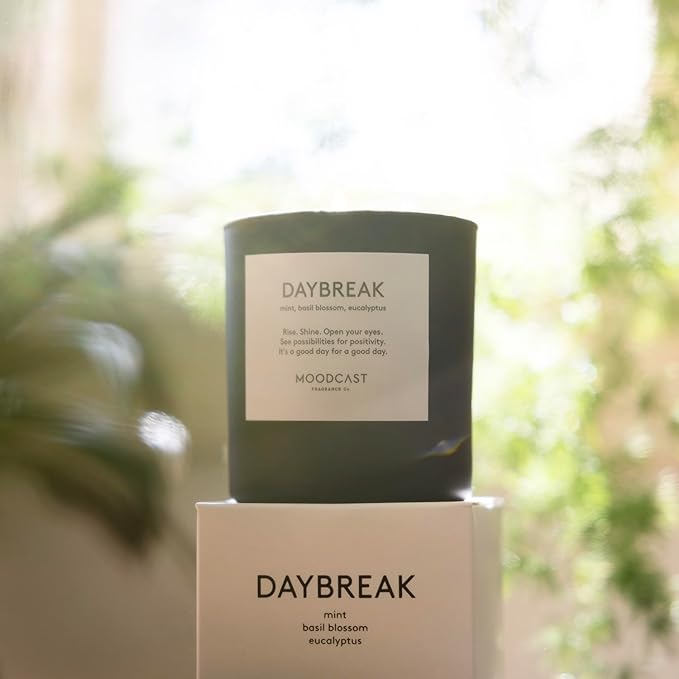 Moodcast Daybreak Scented Candle – Aesthetic Candle for Home, Mint, Basil Blossom & Eucalyptus, Clean Coco Wax Blend, Vegan, Paraben-Free, 45-Hour Long Lasting Burn – 8oz