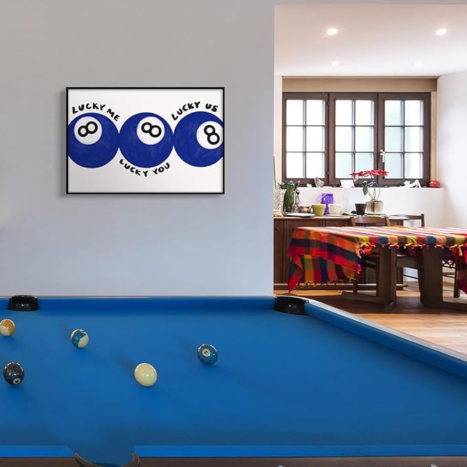 Blue 8 Ball Poster, Lucky Me Lucky You Lucky Us Quote Canvas Wall Art, Playful Billiards Balls Picture Print, Retro 8ball Pool Painting for Bar Cart Game Room Man Caves Wall 8x12in Framed