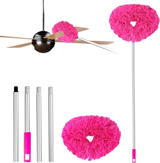 Ceiling Fan Cleaner Duster Reusable Microfiber Ceiling Fan Blade Cleaner Removable Duster with Extension Pole Adjusts 13 to 49.7 Inch for Cleaning Walls Bookshelves Furniture Door Window Top (Rosy)