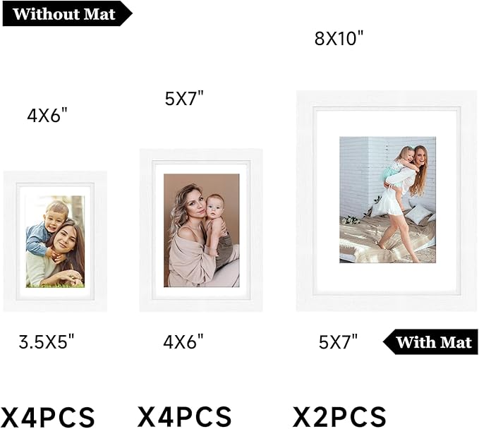 Picture Frames Set of 10 White, Bulk MDF Frames for 8x10, 5x7, 4x6 Photos Real Glass for Wall or Tabletop