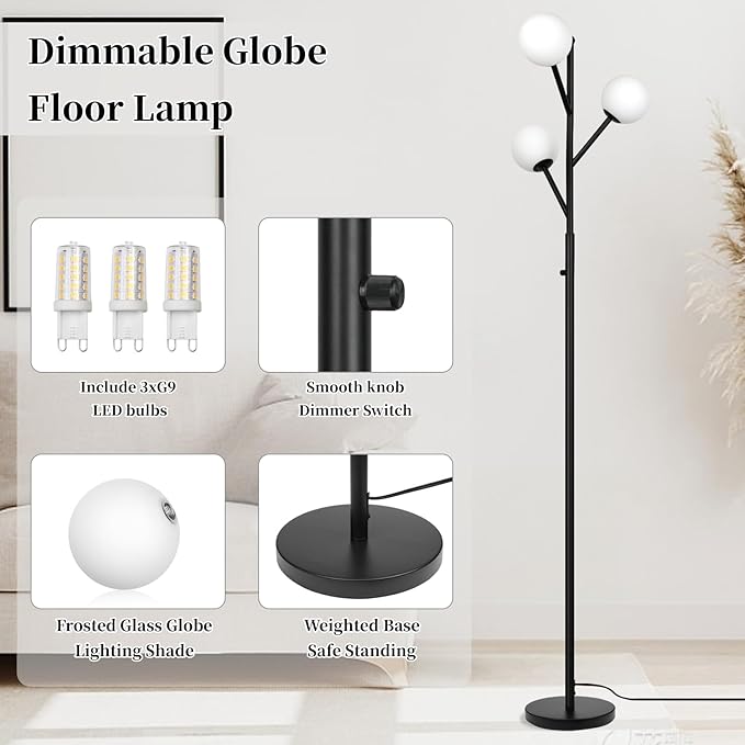 3-Globe Mid Century Black Tree Floor Lamp and Bulbs Included,70in Tall Modern Stepless Dimmable Standing Lamp with Frosted Glass Shade for Living Room Office Bedroom, Study Room(dimmer-Black)