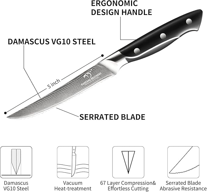 18 Pieces Damascus Kitchen Knife Set, 8 Piece Steak Knives, Non-slip ABS Ergonomic Triple Rivet Handle for Meat Fork, Knife Sharpener and Shears, 17 Slots Fraxinus Manchuria Knife Block (Grey)