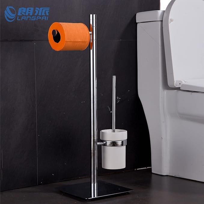 Freestanding Toilet Brush and Paper Holder Set Superior Hotel Luxury Style Join Roll Paper and Toilet Brush Non-Skid Sturdy Floor Stand Brass Chrome with White Ceramic Cup