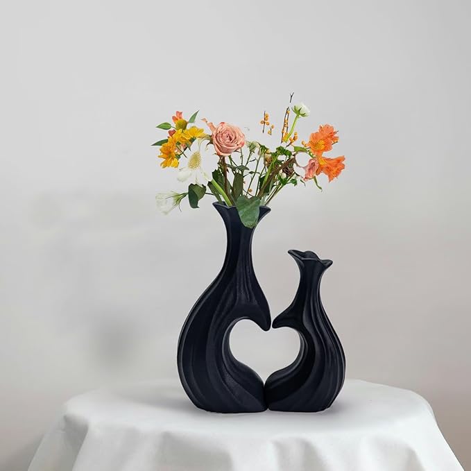Ceramic Vases for Home Decor, Modern Heart Shaped Vase Set of 2, Matte Farmhouse Dried Fake Flowers Vase for Office, Living, Dining Room, Kitchen