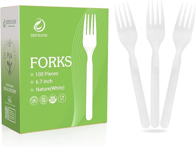 100% Compostable Froks - 100Pcs Heavy Duty Forks Disposable Utensils, BPA-Free, Heat Resistant, CPLA Disposable Forks, BPI Certified CPLA Disposable Cutlery for Party, Office & Picnic