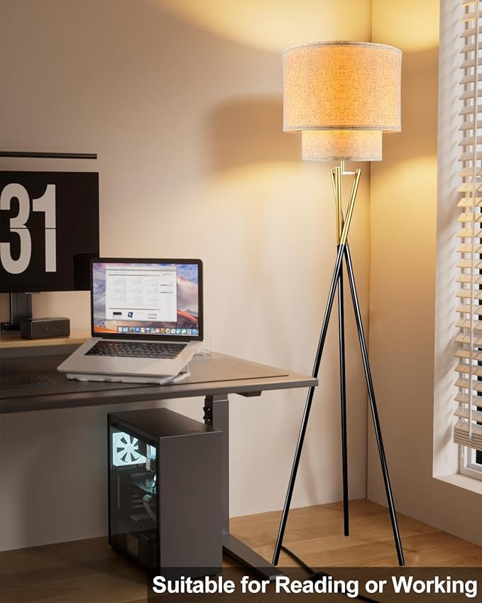 Lightdot Gold Tripod Floor Lamp, Modern Floor Lamp for Living Room, Standing Lamp with Linen Shade, E26 Bulb Included, 66" Tall Floor Lamps for Bedroom, Home Office