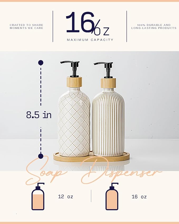 Getstar Hand and Dish Soap Dispenser Set, Ceramic Soap Dispenser for Bathroom and Kitchen with Rust Proof Pump and Tray, Set of 2 (Black Pump)