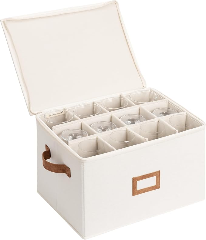 StorageWorks Stemware Storage Cases, Hard Shell Wine Glass Storage Box with Dividers for Glassware, Crystal, and China Holds 12 Standard Size Wine Glasses, 1 Pack, Beige