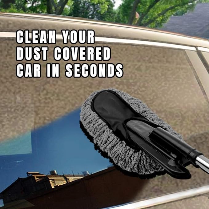Microfiber Car Duster Exterior Interior Cleaner Cleaning Kit size 15.7 inch with Long Retractable Handle to Trap Dust and Pollen for Car Bike RV Boats or Home use - Grey