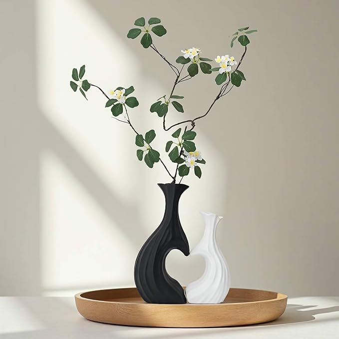 Ceramic Vases for Home Decor, Modern Heart Shaped Vase Set of 2, Matte Farmhouse Dried Fake Flowers Vase for Office, Living, Dining Room, Kitchen