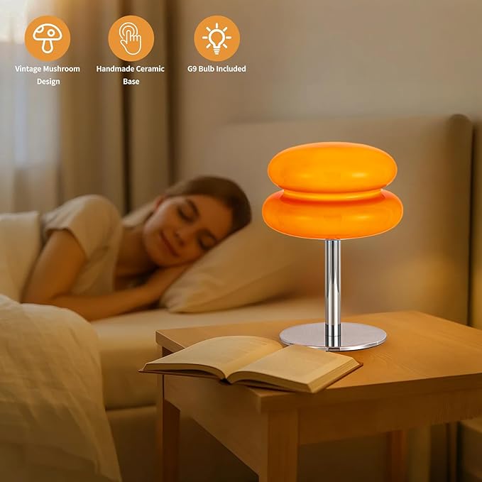 Vintage Mushroom Lamp, Orange Glass Lamp with Metal Base, Dimmable Bedside Table Lamp for Bedroom, Living Room, Mid Century Modern Retro Style, Plug in Nightstand Light