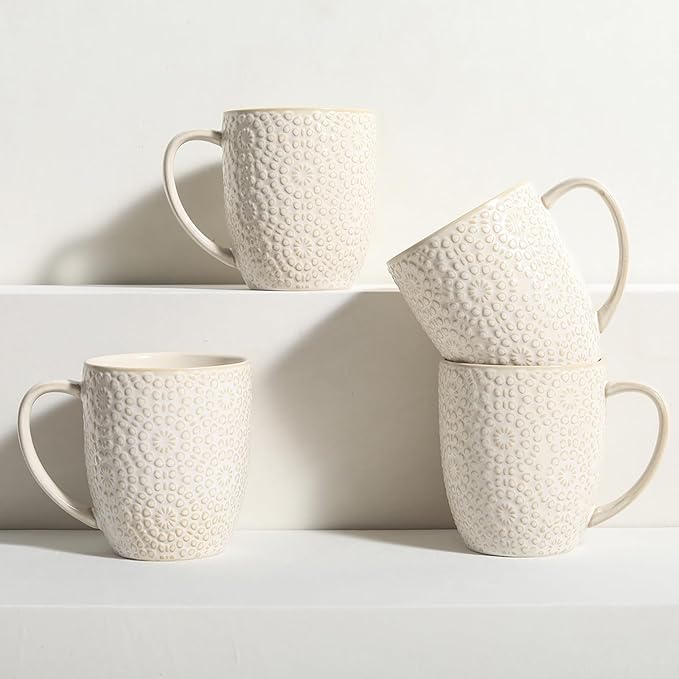 Coffee Mug Set of 4-16 oz Large Ceramic Mugs, Porcelain Embossed Coffee Cups for Cocoa, Tea, Milk, Mocha, Cappuccino - Housewarming Wedding Decoration, Dishwasher Safe, 3.5 x 4.5 inch